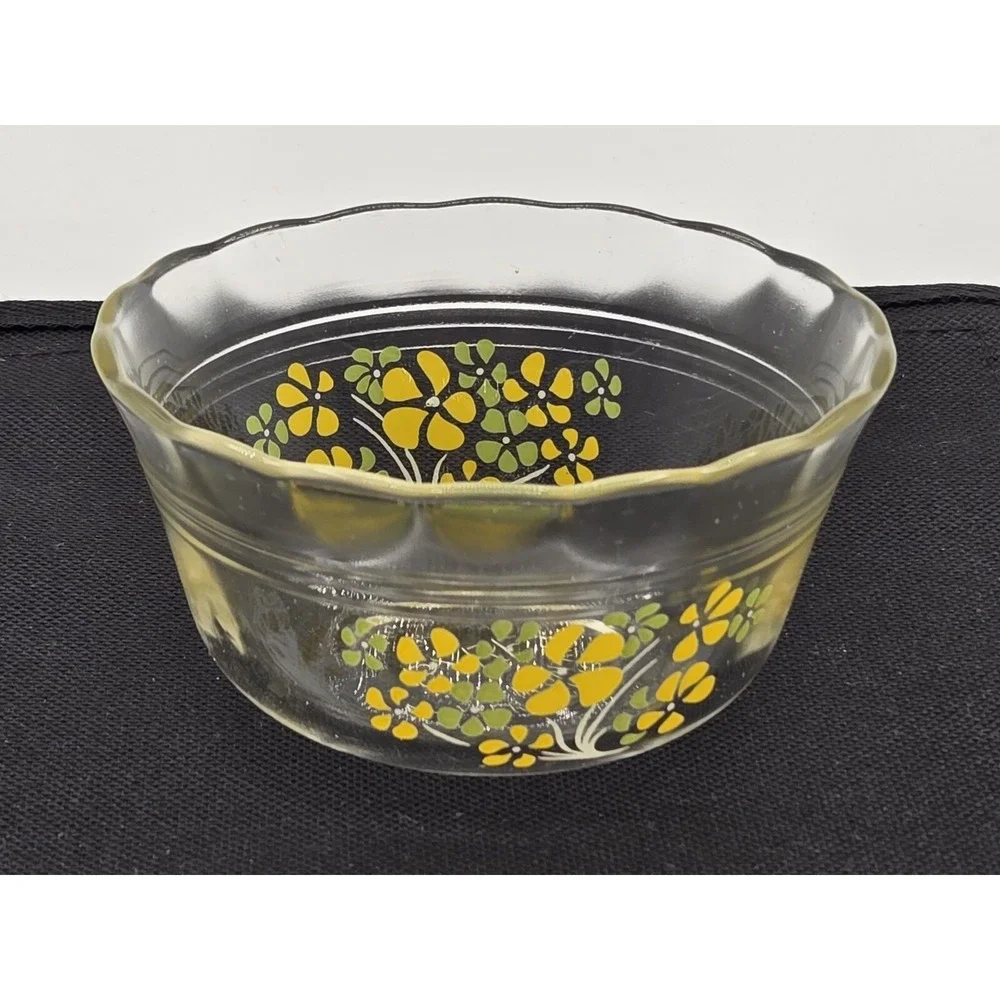 Vtg PYREX Japan Custard Bowl 463 Yellow Green Flowers RARE Daisy Print Cup Iwaki